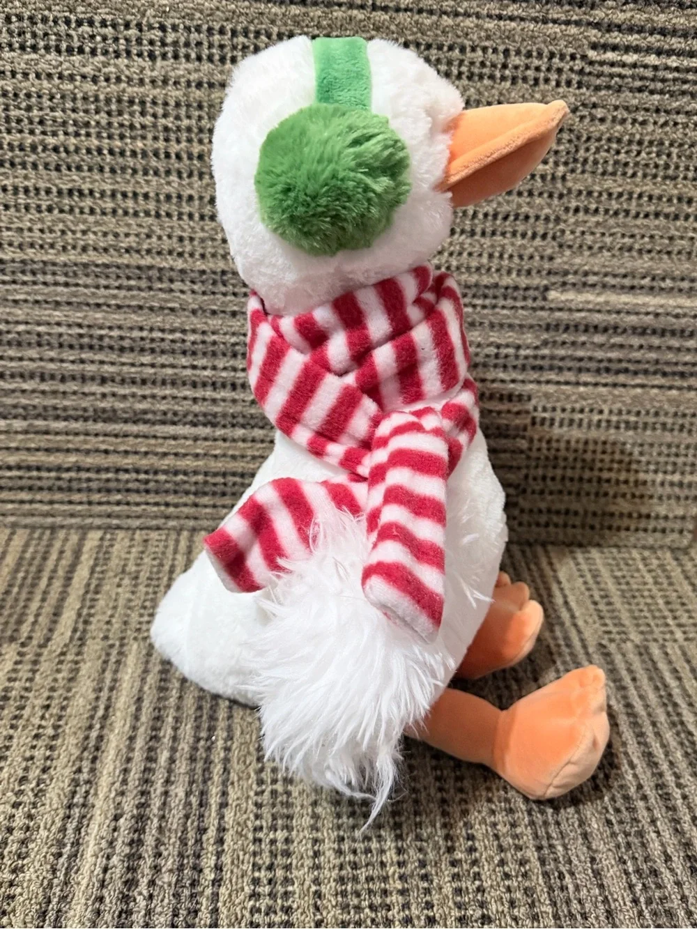 Plush White Duck Toy with Green Earmuffs and Red Striped Scarf